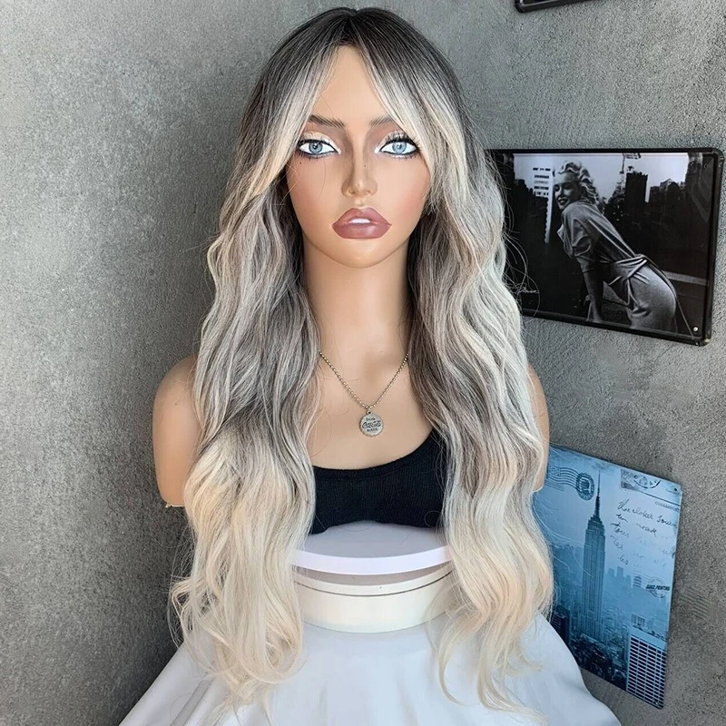

European and American big wave matte high temperature silk long curly hair oblique bangs gradual change gray fashion women's wig