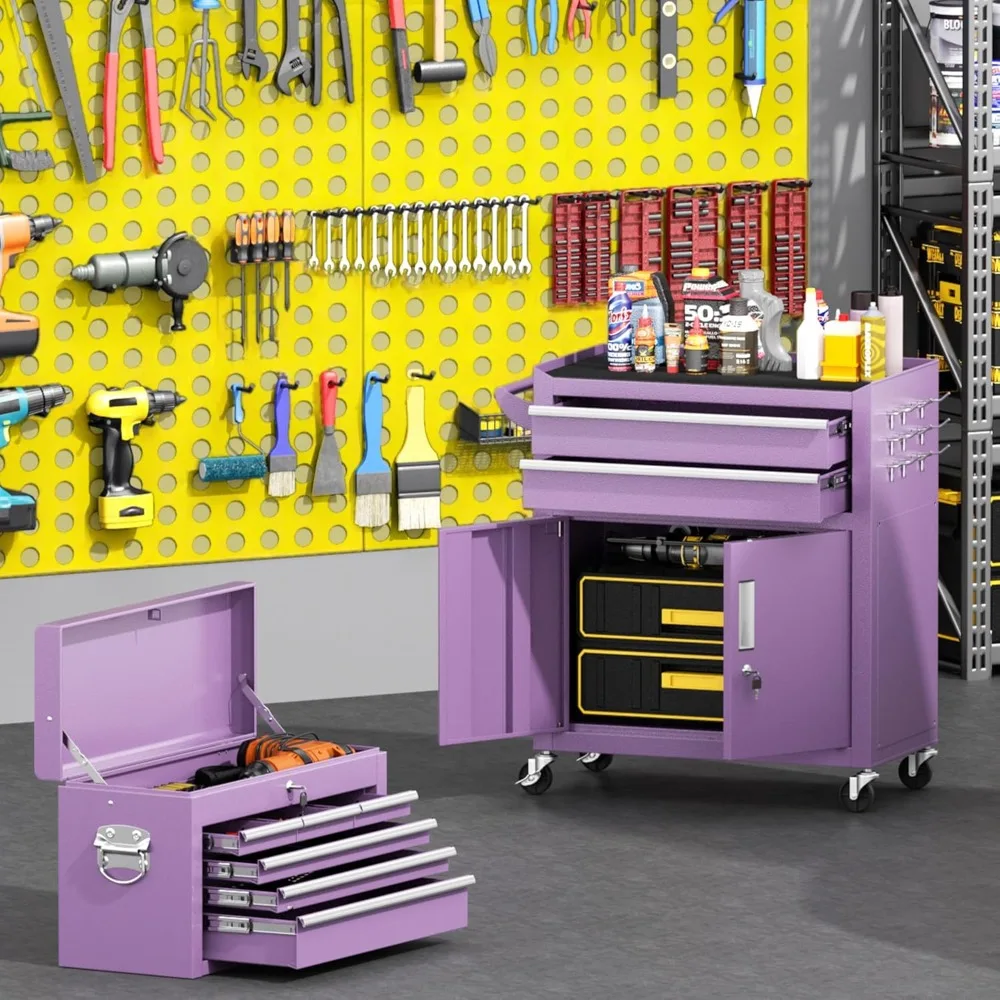 

8-Drawer Rolling Tool Chest with Lockable Wheels, Detachable Top Box & Hooks for Garage Workshop Art Studio Storage (Purple)