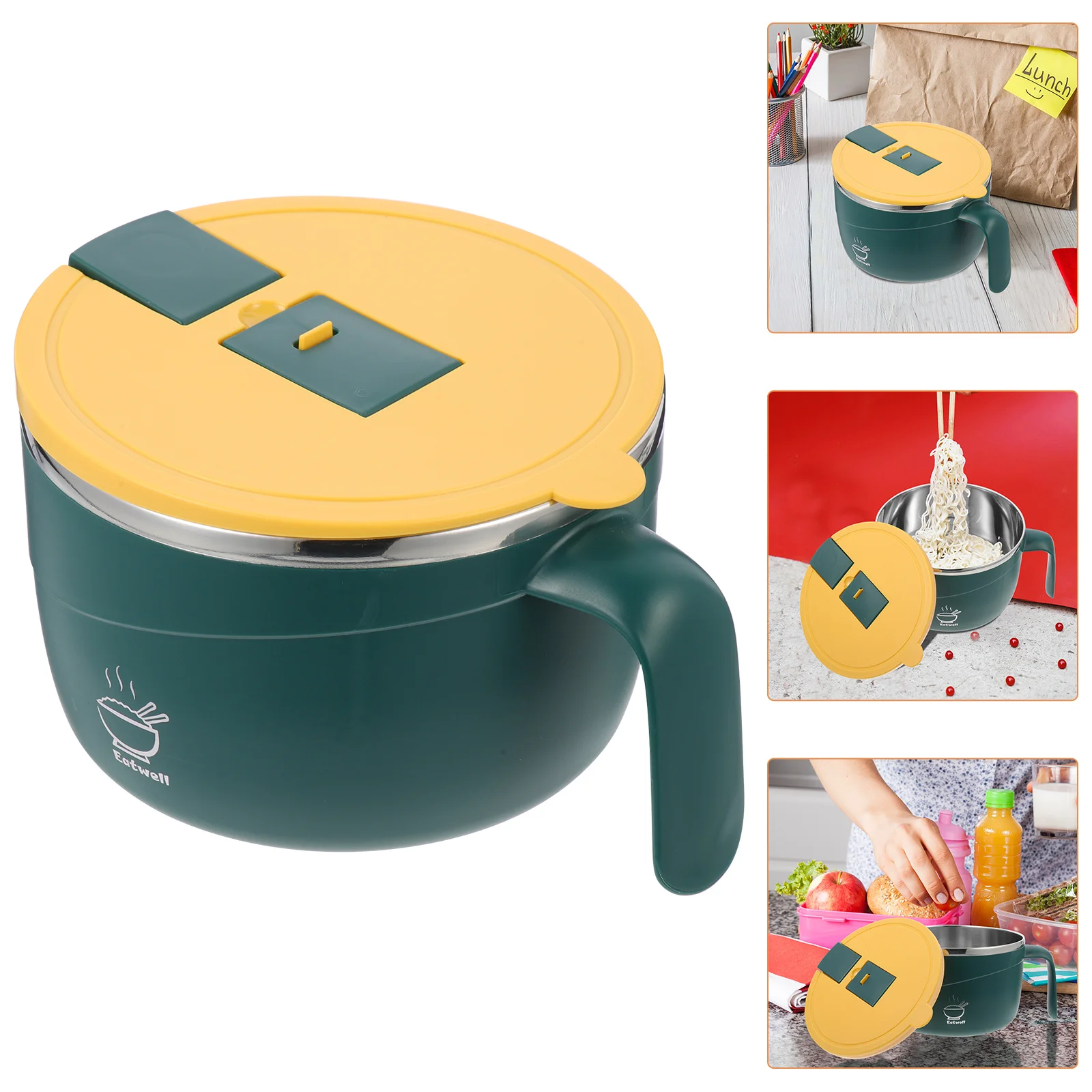 

Insulated Stainless Steel Noodle Bowl Leakproof Lunch Box with Handle Anti-Scald Silicone Seal and Phone Holder