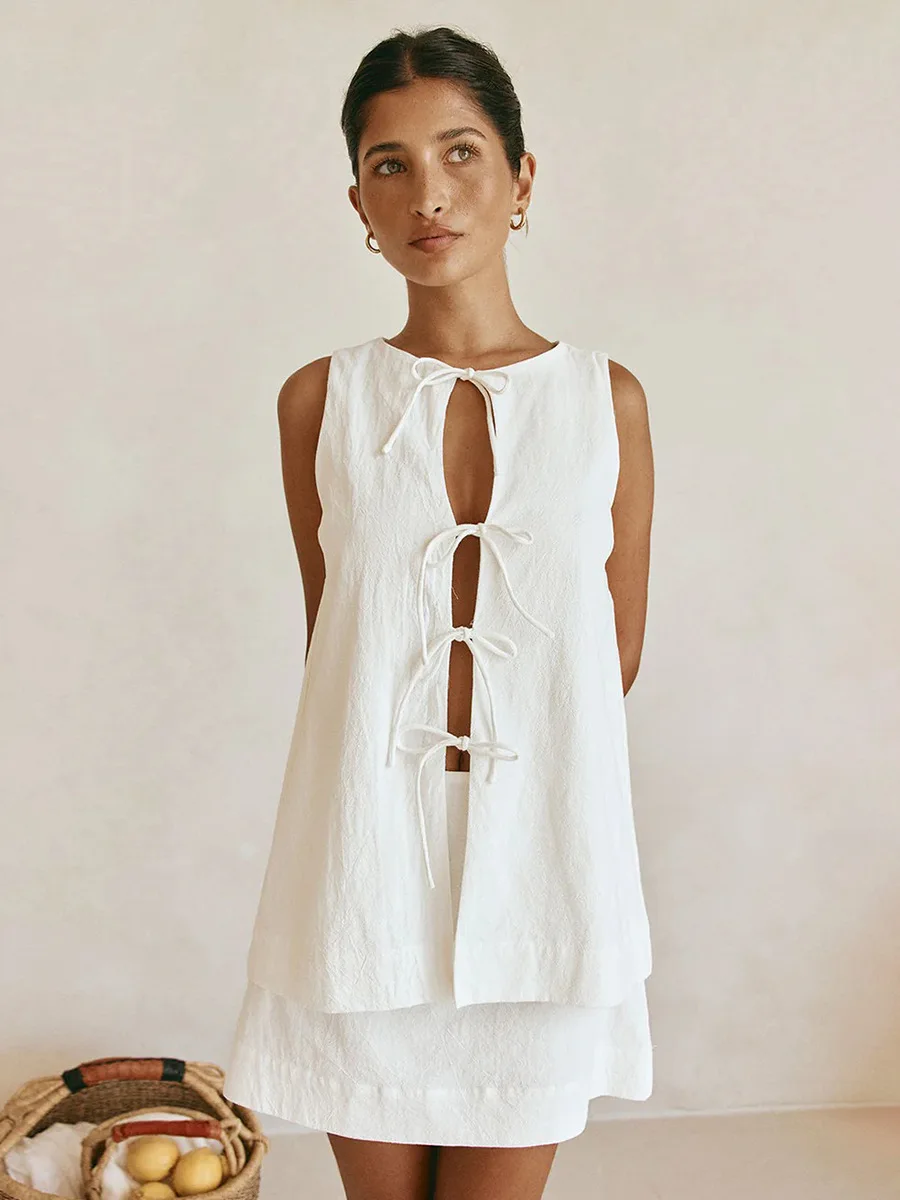 Bornladies 2026 Summer New Sleeveless Top Mini Skirt Set Women's Round Neck Open Front Tie Top A Line Skirt Two Piece Outfit