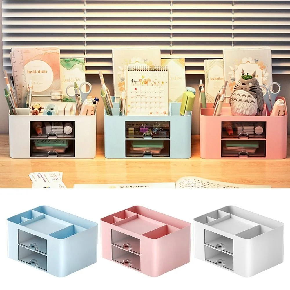 Large Capacity Stationery Storage Box PSHIPS Multifunction Desktop Storage Case With Drawers Solid Color Desk Organizer