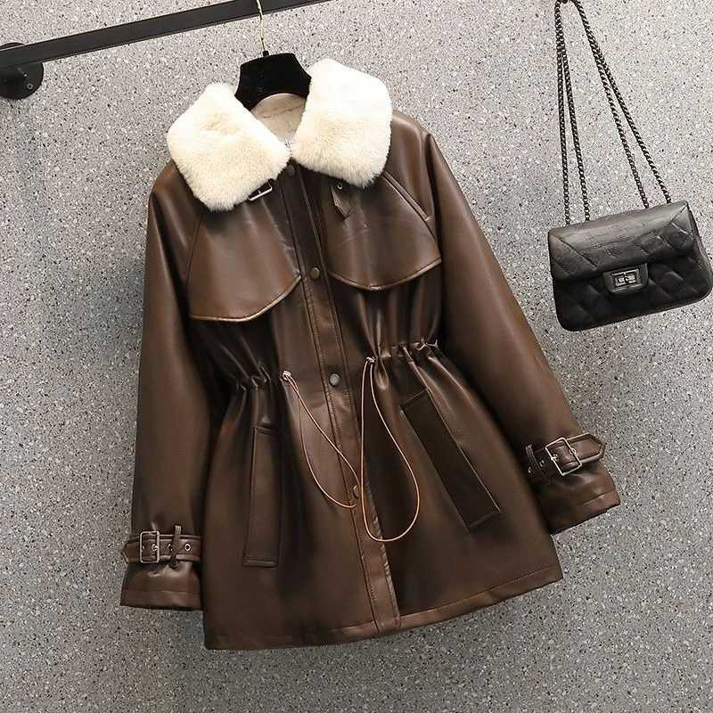 ฤดูหนาวคุณภาพสูงและระดับรูปลักษณ์สูงผู้หญิงรักษาความอบอุ่นพี่สาวอ้วนเอวกำมะหยี่หนาแจ็คเก็ตหนังใหม่