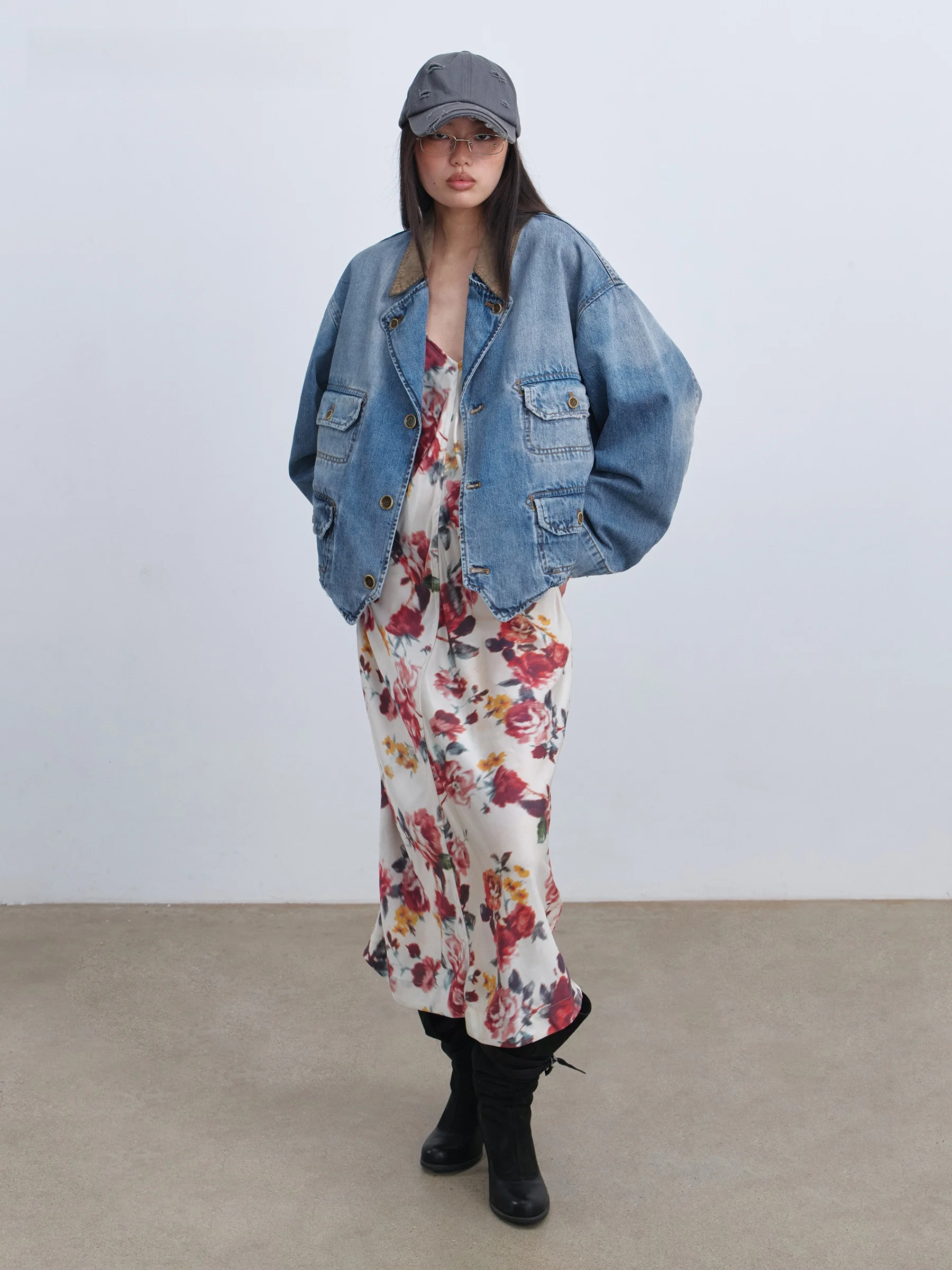 VERMO Vintage Washed Leather Patchwork Denim Jacket Women's Loose Fit Cotton Mid-Length Coat Button Closure Long Sleeve
