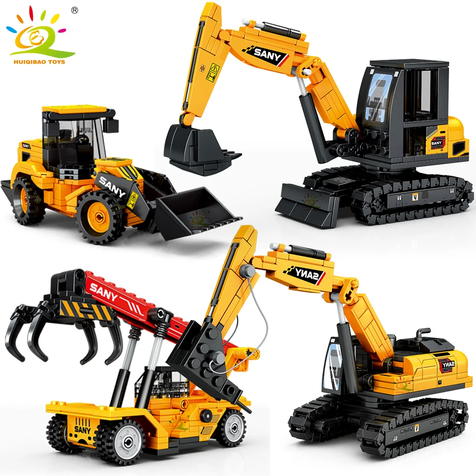 HUIQIBAO 4PCS/SET Engineering Truck model Building Block Excavator Drilling Car City Construction MOC Brick Set For Children Kid