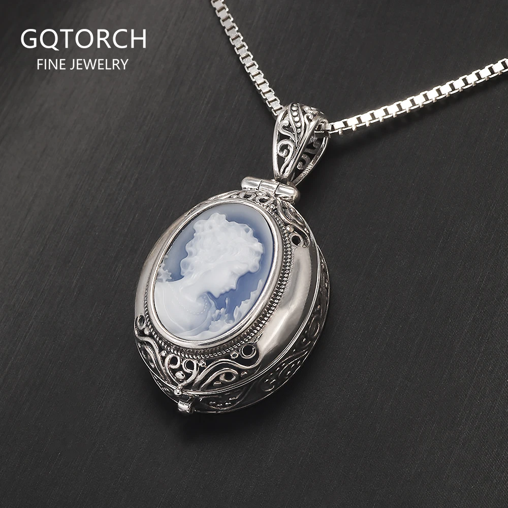 

Ожерелье-медальон из стерлингового серебра 925 пробы с камеей, синий агат, белая ракушка, открывающийся кулон, винтажные ювелирные изделия