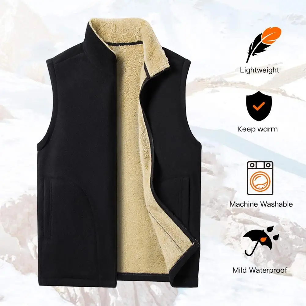 Men Waistcoat Men's Winter Sleeveless Jacket with Warm Fleece Lining Stand Collar Casual Vest Coat with Pockets Zipper Placket