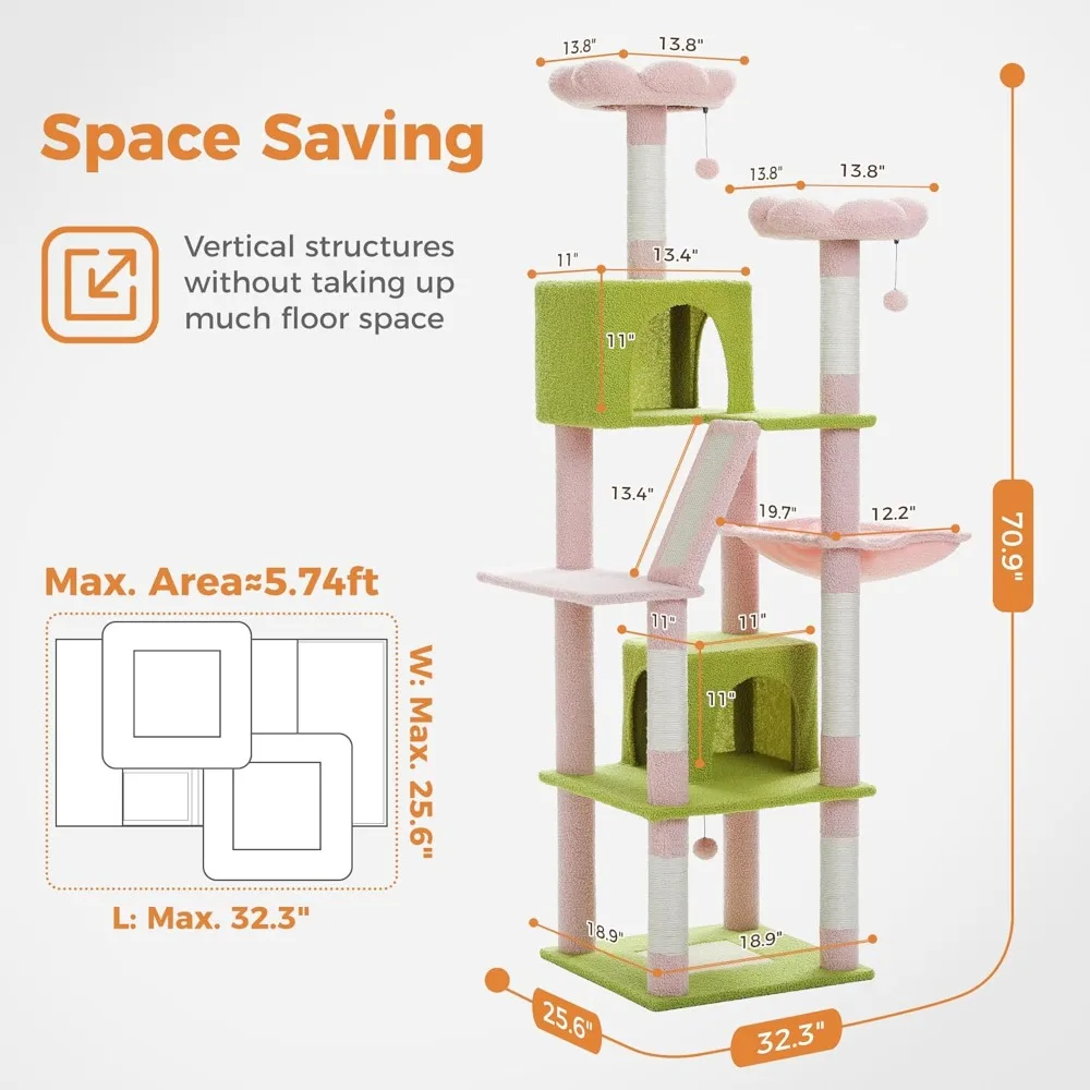 70インチのピンクのキャットタワー、2つの居心地の良いコンドミニアム、豪華な止まり木、大きなバスケット、爪とぎパッドとポスト付き - プレミアムキャットツリーで遊びましょう