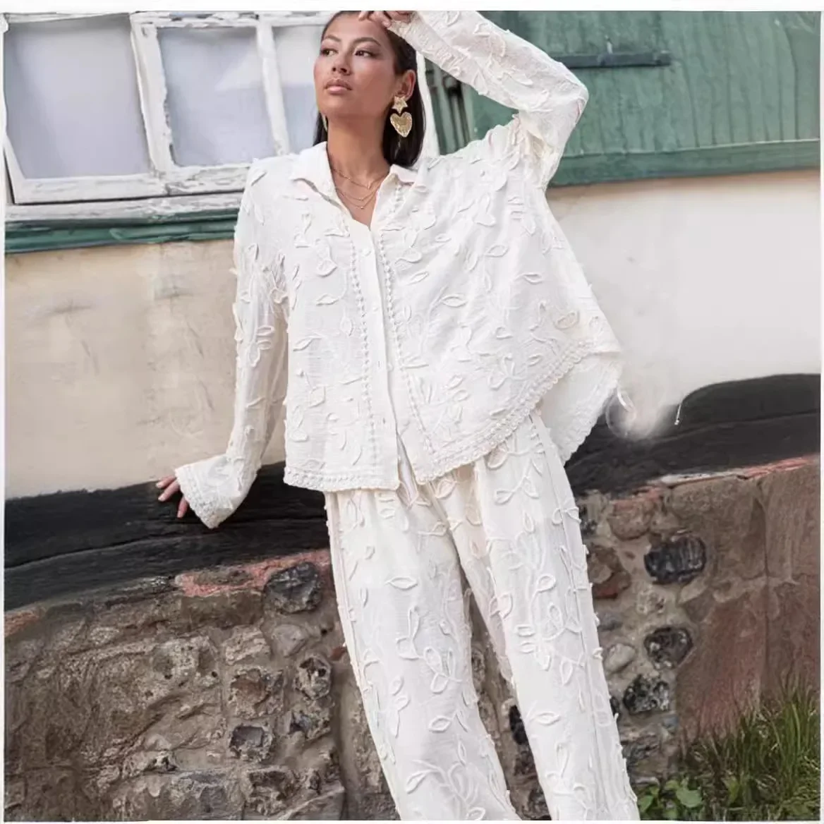 

Boho Long Sleeved Blouse Shirt Wide Leg Pants Lace Women Suit White Cotton Foral Jacquard 2 pieces Set Lazy Loose Casual Outfits