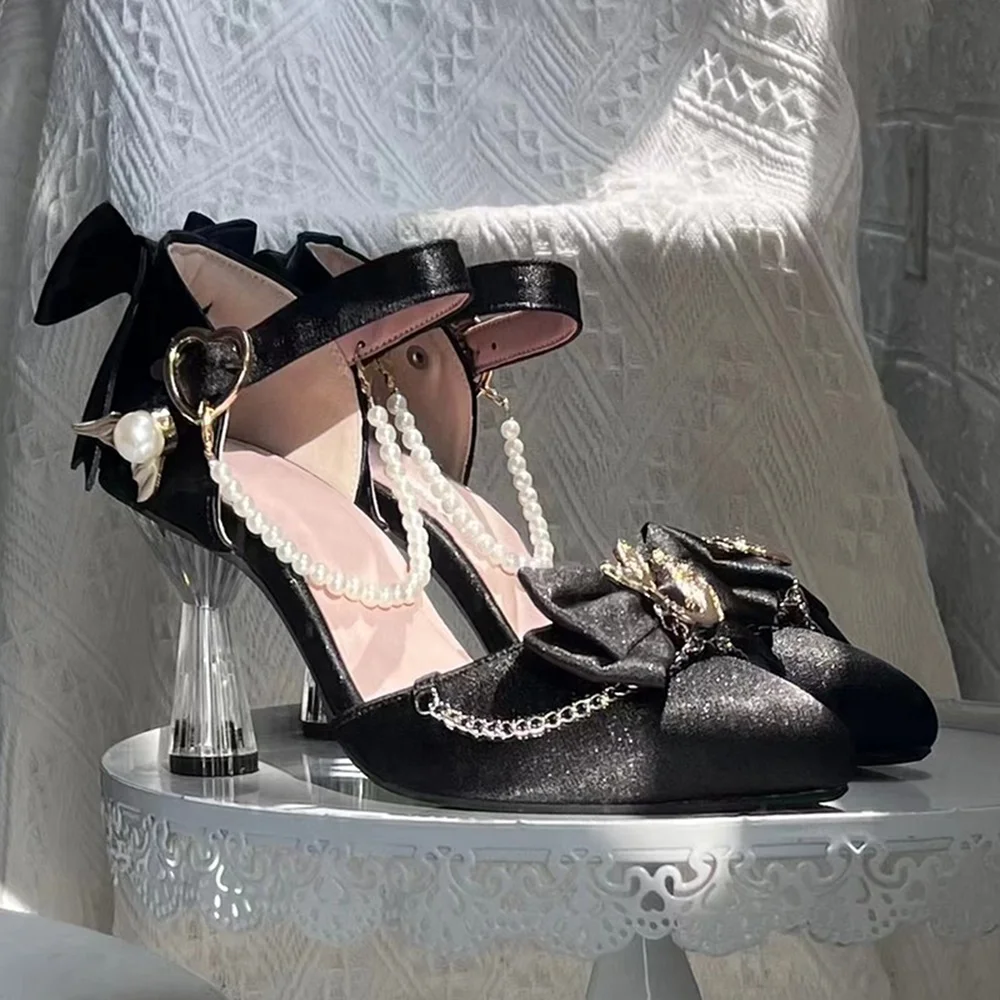 

Princess Style Sweet Bow Pearl Buckle Lolita Shoes Elegant Clear High Heels Cute Fashion Ladies Pumps for Spring Banquet