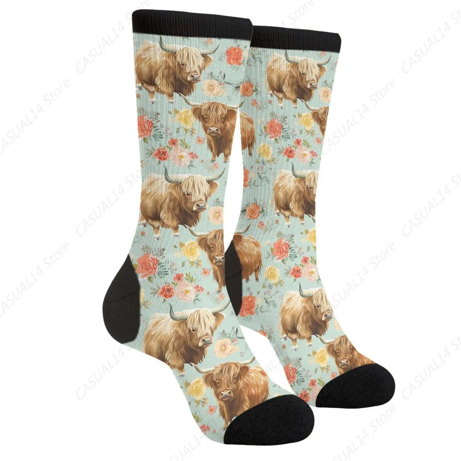 Highland Cows Florals Socks For Men Women Funny Novelty Crew Socks Gifts