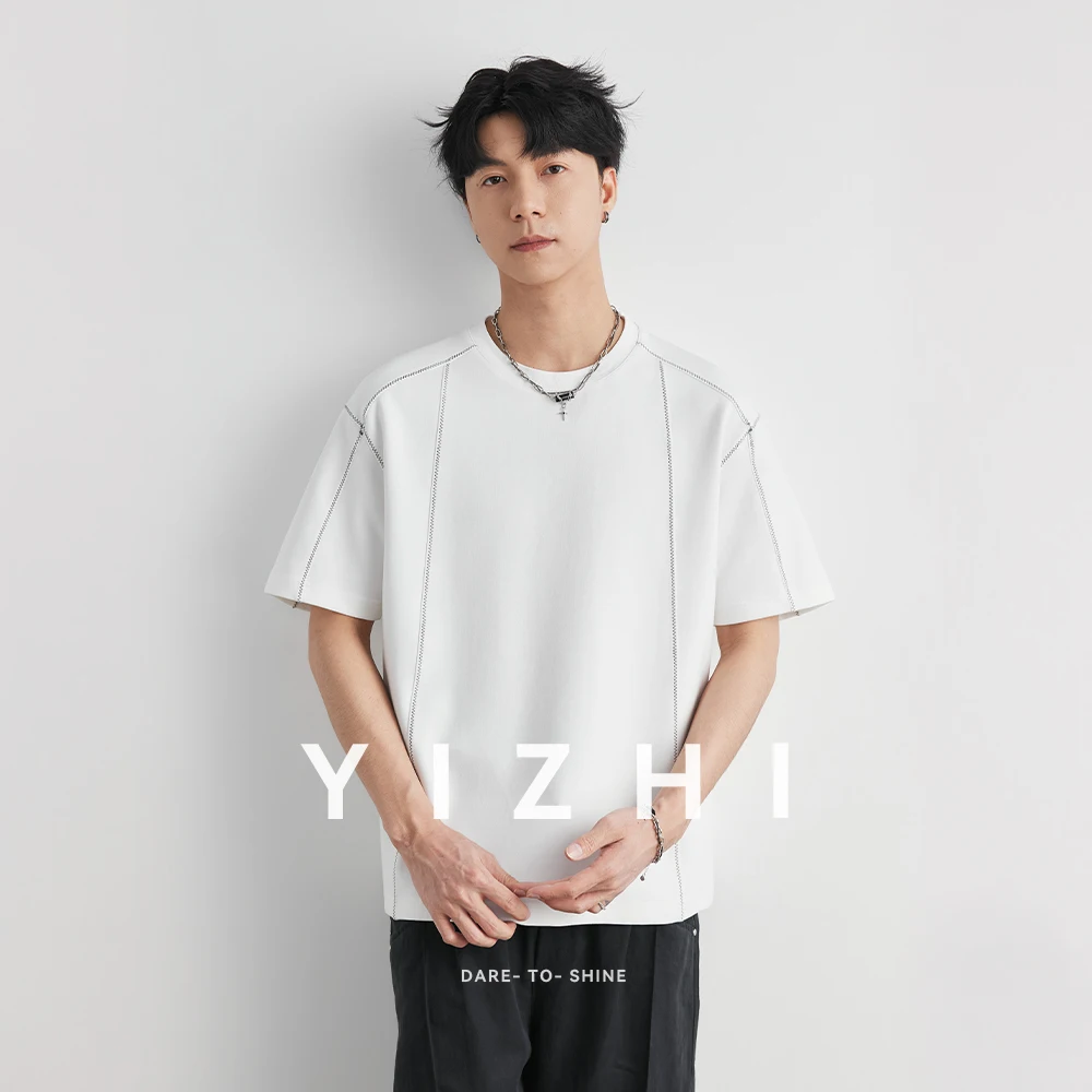 Men's Heavyweight 240g Stitch Trim Split Short Sleeve T-shirt 2026 Summer Crew Neck Loose Drop Shoulder Casual Versatile Top
