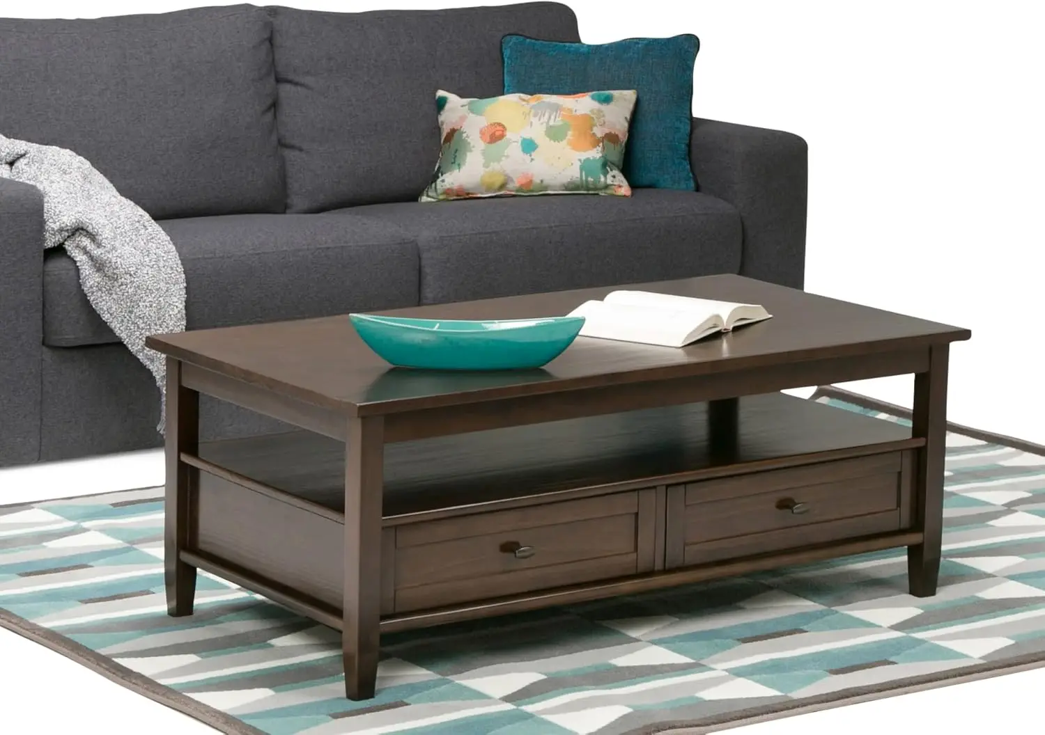 Warm Shaker SOLID WOOD 48 inch Wide Rectangle Rustic Coffee Table in Tobacco Brown, for the Living Room and Family Room