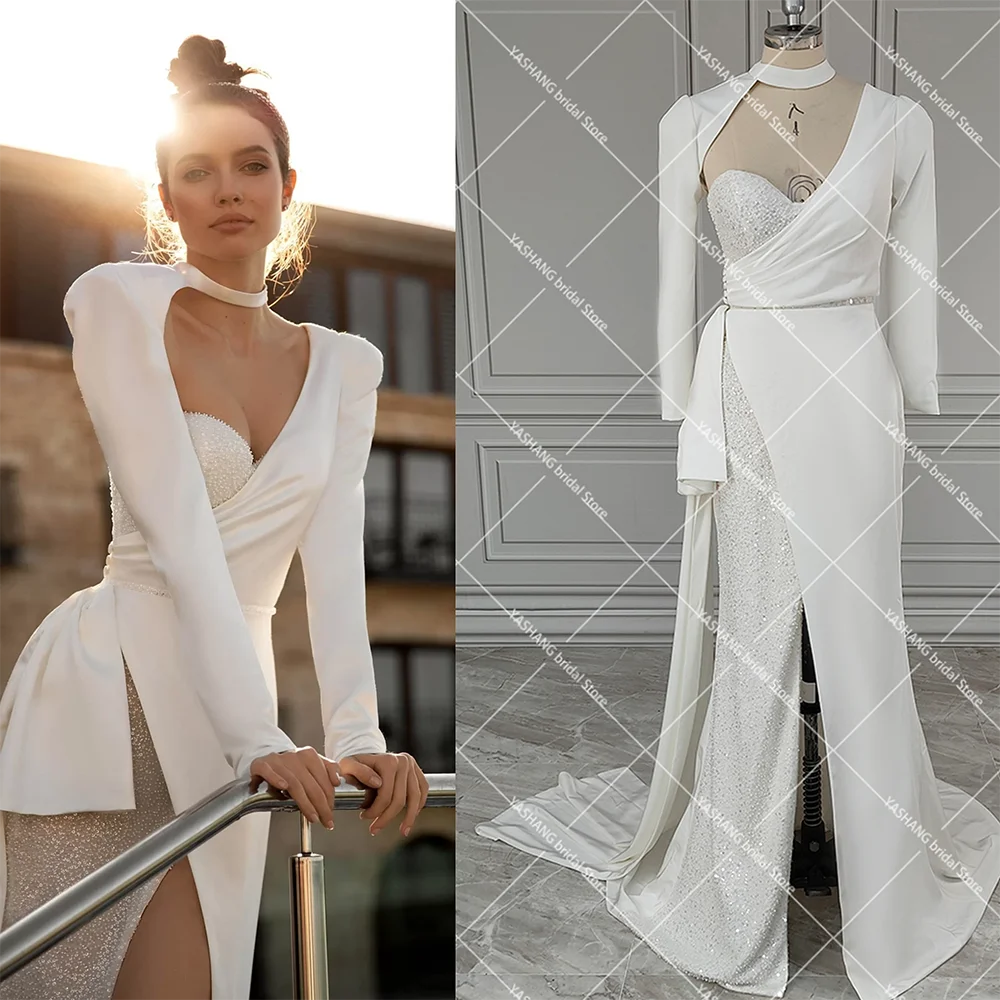 One Shoulder Ruched Satin Simple Wedding Dress Beading Column Customized Front Split Removable Long Sleeves Jacket Bridal Gowns