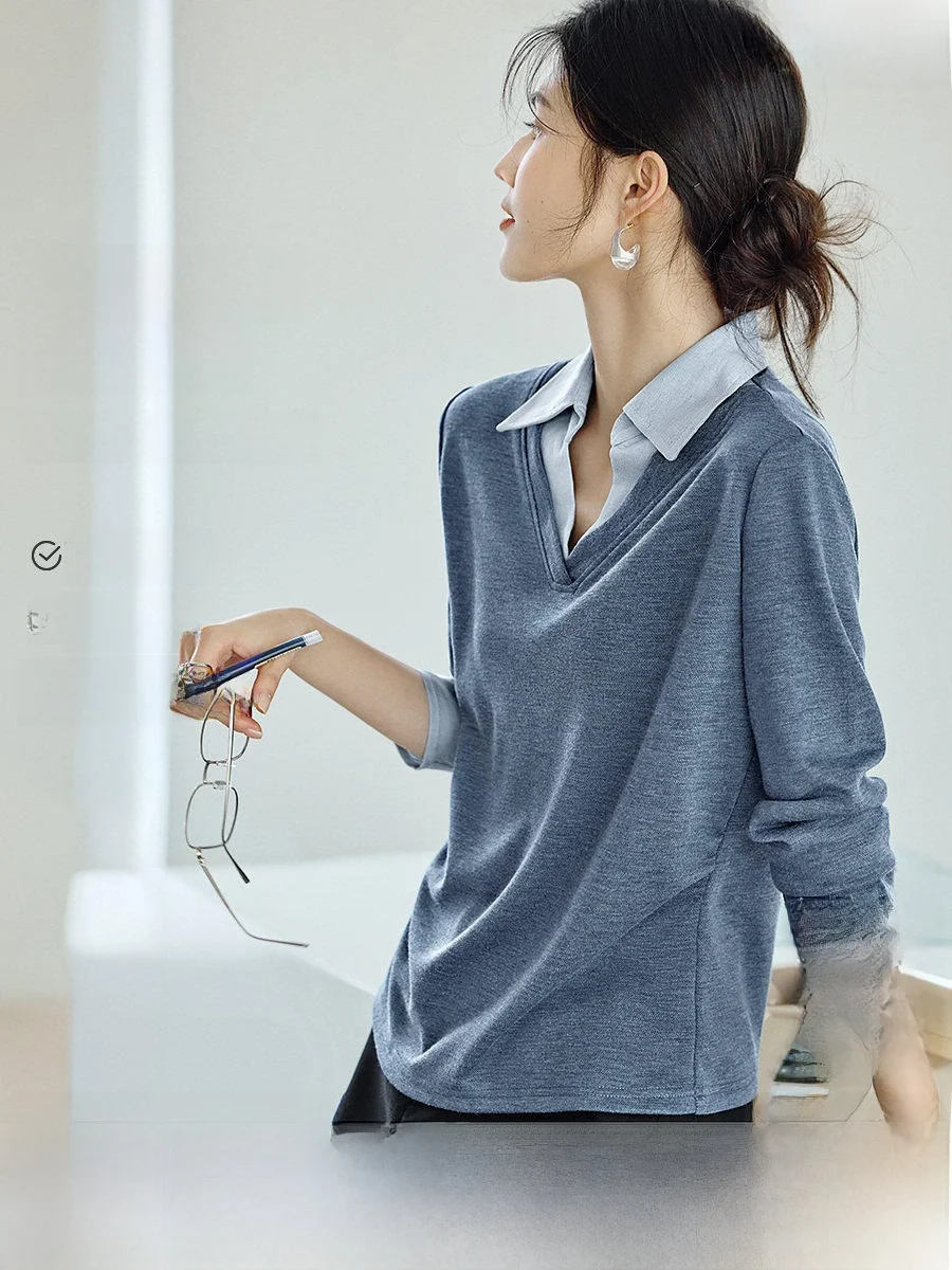 

XWI Spring 2026 Long Sve V-Ne Slimming Design Sense Top Women's T-irt Color Blo Fake Two-Piece Commute Sle Regular...