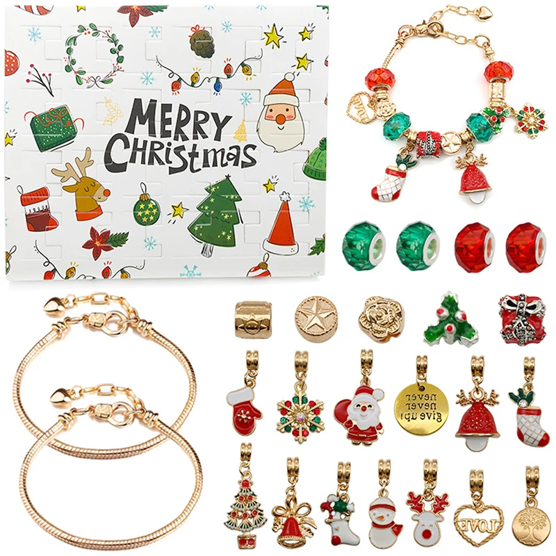 24PCS Necklace Pendant Christmas Countdown Advent Calendar Blind Box Christmas Themed DIY Bracelet Christmas Surprise Gift Box