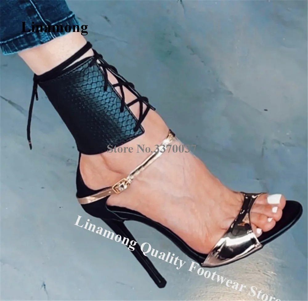 

Linamong/пикантные кожаные лоскутные сандалии-гладиаторы с черным узором золотого цвета на шпильке, сандалии-гладиаторы с открытым носком и запахом на щиколотке, босоножки на тонком каблуке со шнуровкой