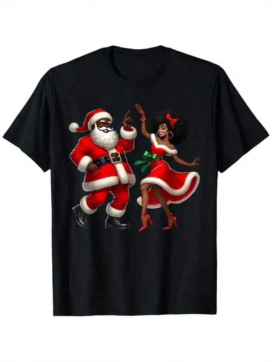 Men's Festive African Santa & Mrs. Claus Dancing Graphic Tee Cotton, Fit, Machine Washable - Perfect Gift, 100% Cotton Trendy