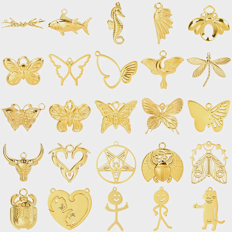 5pcs 18k Real Gold Plated Animal Pendant Stainless Steel Butterfly Charm For Jewelry Making Supplies Papillons Fuxk Men Pendants