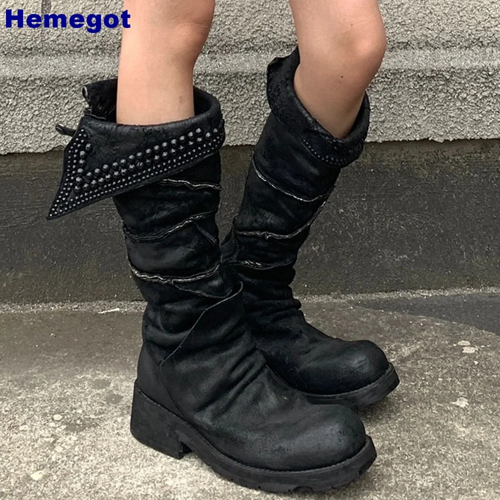 Thick Sole Round Western Cowboy Boots 2024 Autumn New Street Style Frosted Rhinestone Knight Boots Black Fashion Women Shoe