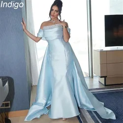 Indigo Prom Dresses Mermaid Off The Shoulder Strapless Beading Sweep Train Open Back Elegant Evening Gowns فساتين الس Customized