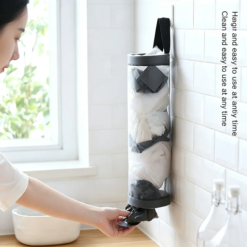 1pc Grey Sundries Bag Storage Wall Mount Mesh Plastic Bags Dispenser Hanging Reused Storage Pouch Trash Bags Kitchen Garbage Org