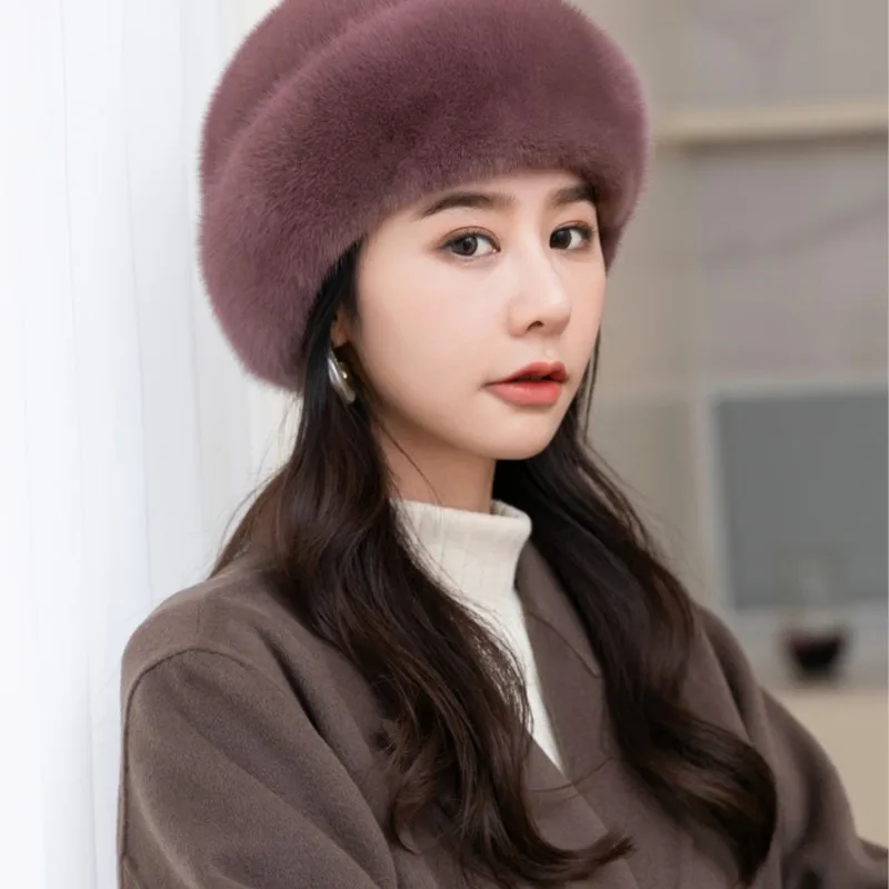 Middle-aged and elderly leather hat ladies elegant temperament fur real warm