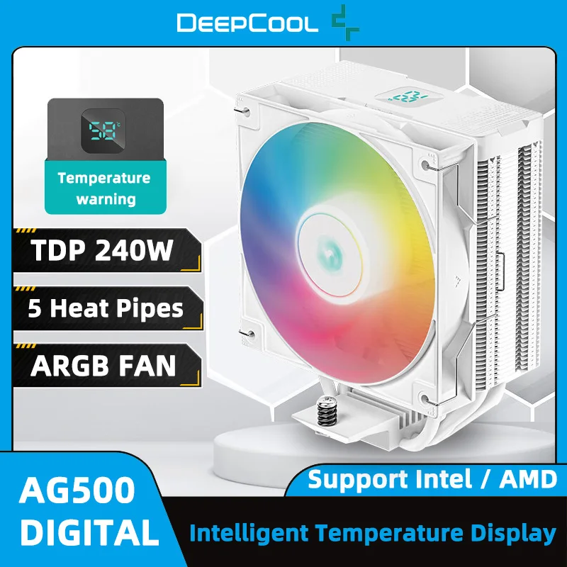 

DeepCool AG500 Digital Display CPU Cooler 120mm PWM ARGB CPU Cooling Fan 5 Heatpipes Radiator for LGA1700 115X 1200 AM4 AM5