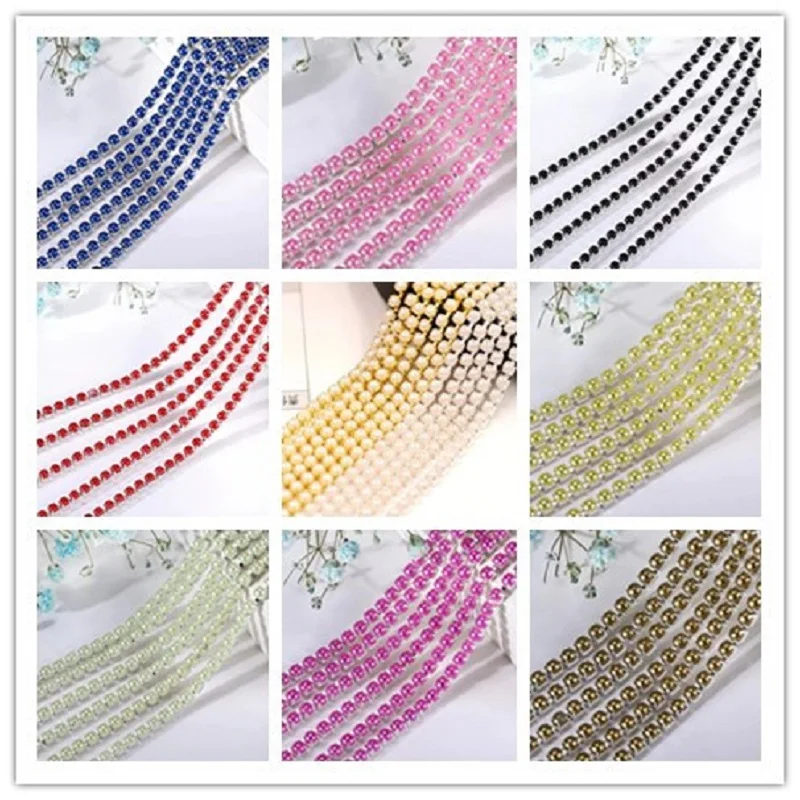 2mm 2.5mm 1yard/Piece 12Colors  Colorful Pearl Claw Chain,Silvery Bottom Sew on Cup Chains For Diy Garment Bags Decorations