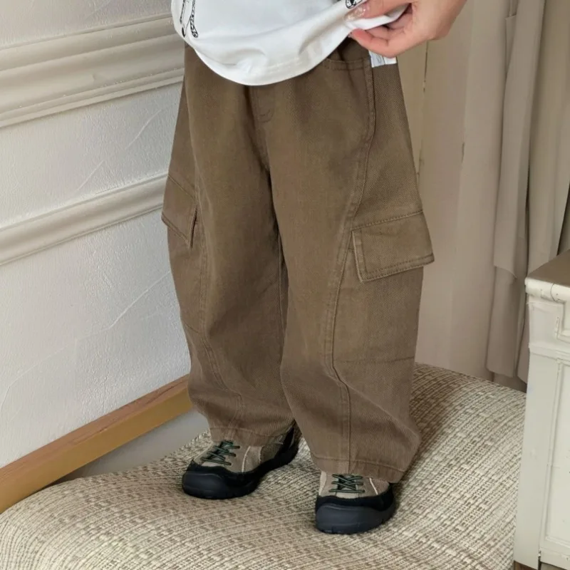 Boys Mountain Style Curved Cargo Pants Kids Cotton Multi Pocket Casual Long Trousers For Little Boys