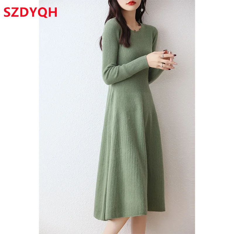 2023 Autumn Winter High Elasticity 100% Wool Thicken Sweater Dress Women Warm Slim Dresses Female Casual Basic Knitted Pullover