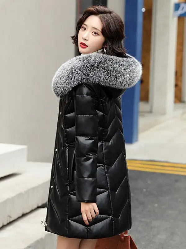   เสื้อโค้ทหนังแท้ Ning สำหรับผู้หญิง ความยาวปานกลาง แต่งขนเฟอร์ที่คอ  ขนแกะแท้  แบบสวมใส่ไปทำงาน  ปิดด้วยซิป