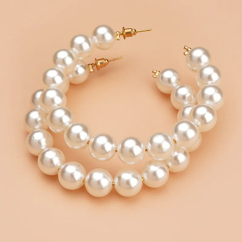 Women Classic Stainless Steel Elegant White Big Circle Pearls Earrings Fashion Jewelry Gift Accessories Valentine's Day