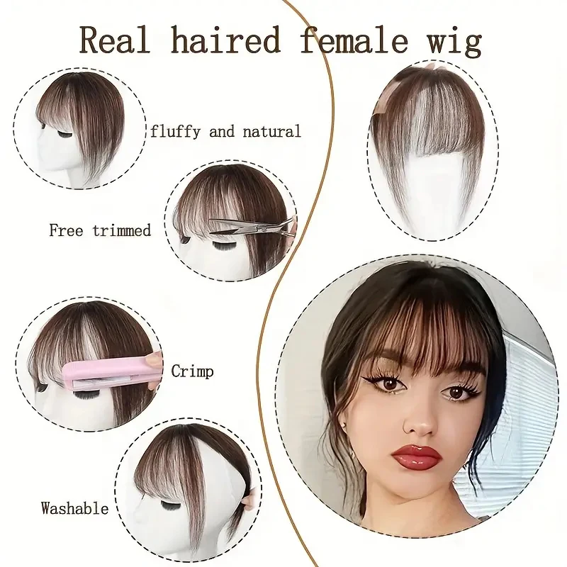 قطعة شعر نسائية مستقيمة ذات مظهر طبيعي، مشبك شعر بشري حقيقي في غرة، خافي عيوب البشرة، خفيف الوزن وجيد التهوية