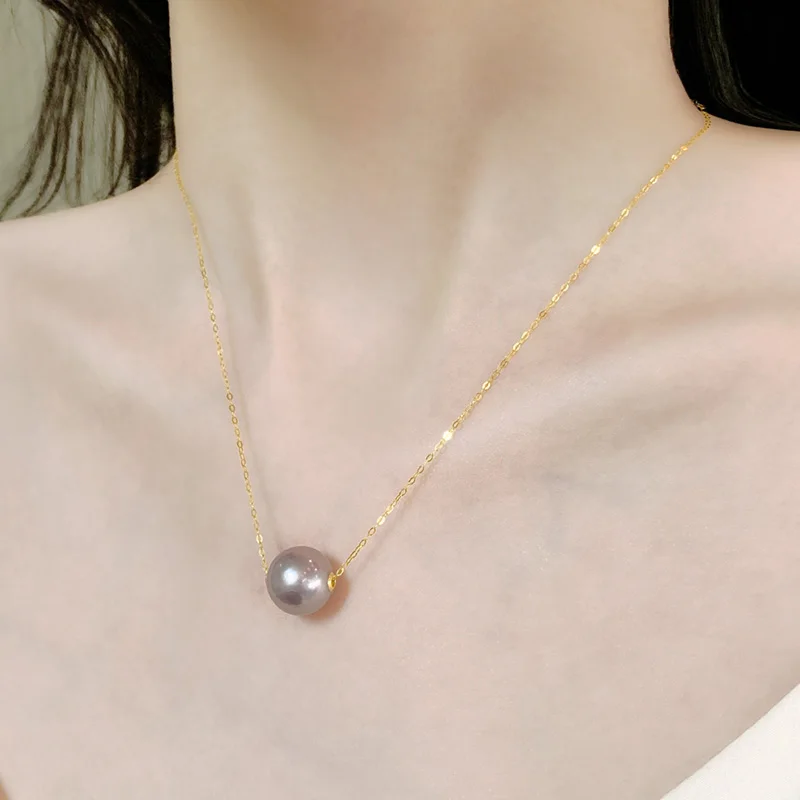 XF800 New Big 18K Gold Necklace Pendnat Natural Purple Freshwater Pearl Pure AU750  Chain for Women Fine Jewelry Gift