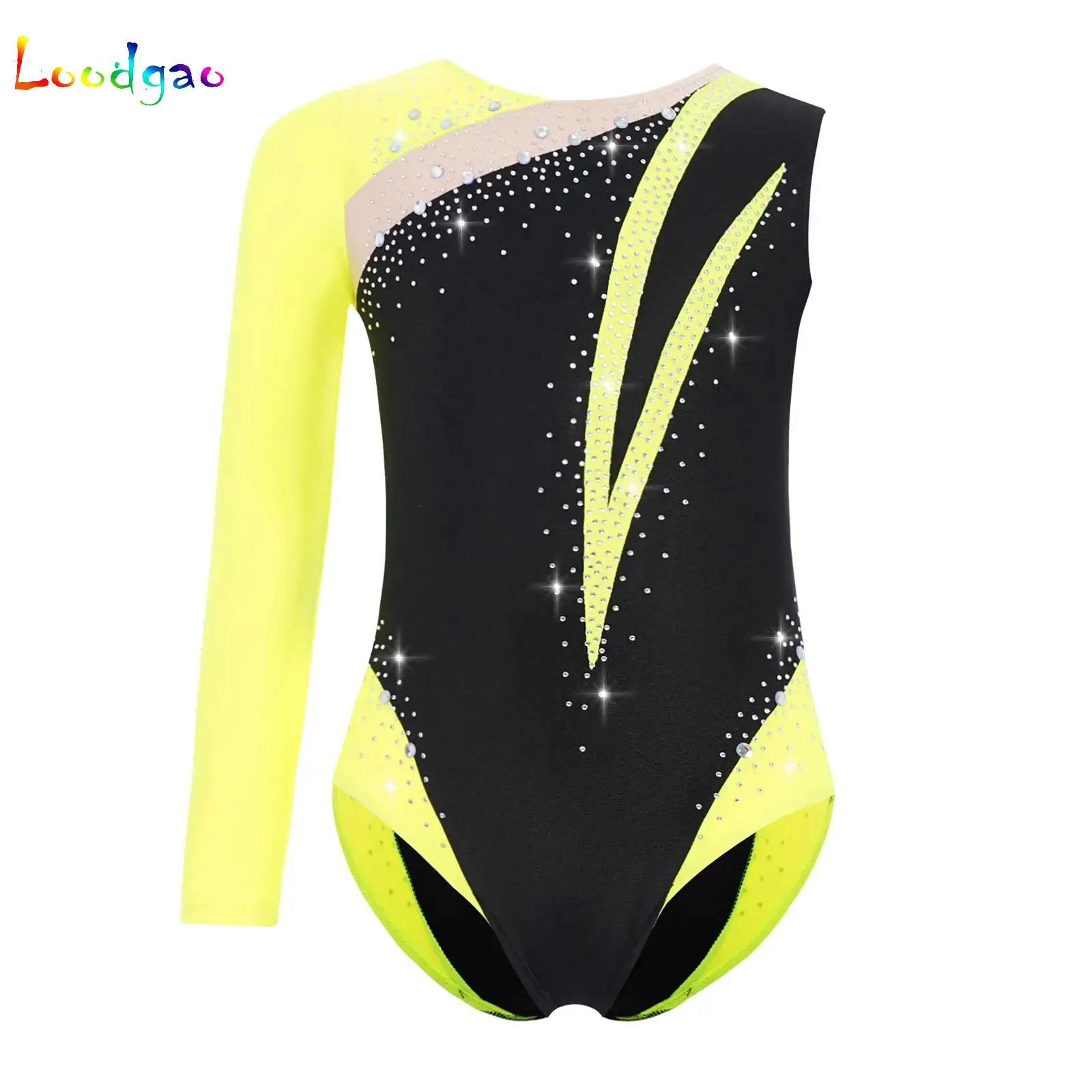 Girls Bodysuit Gymnastics Rhinestone Single Long Sleeve Leotard Dance Ballet Suit Figure Skating Bright Performance Costumes