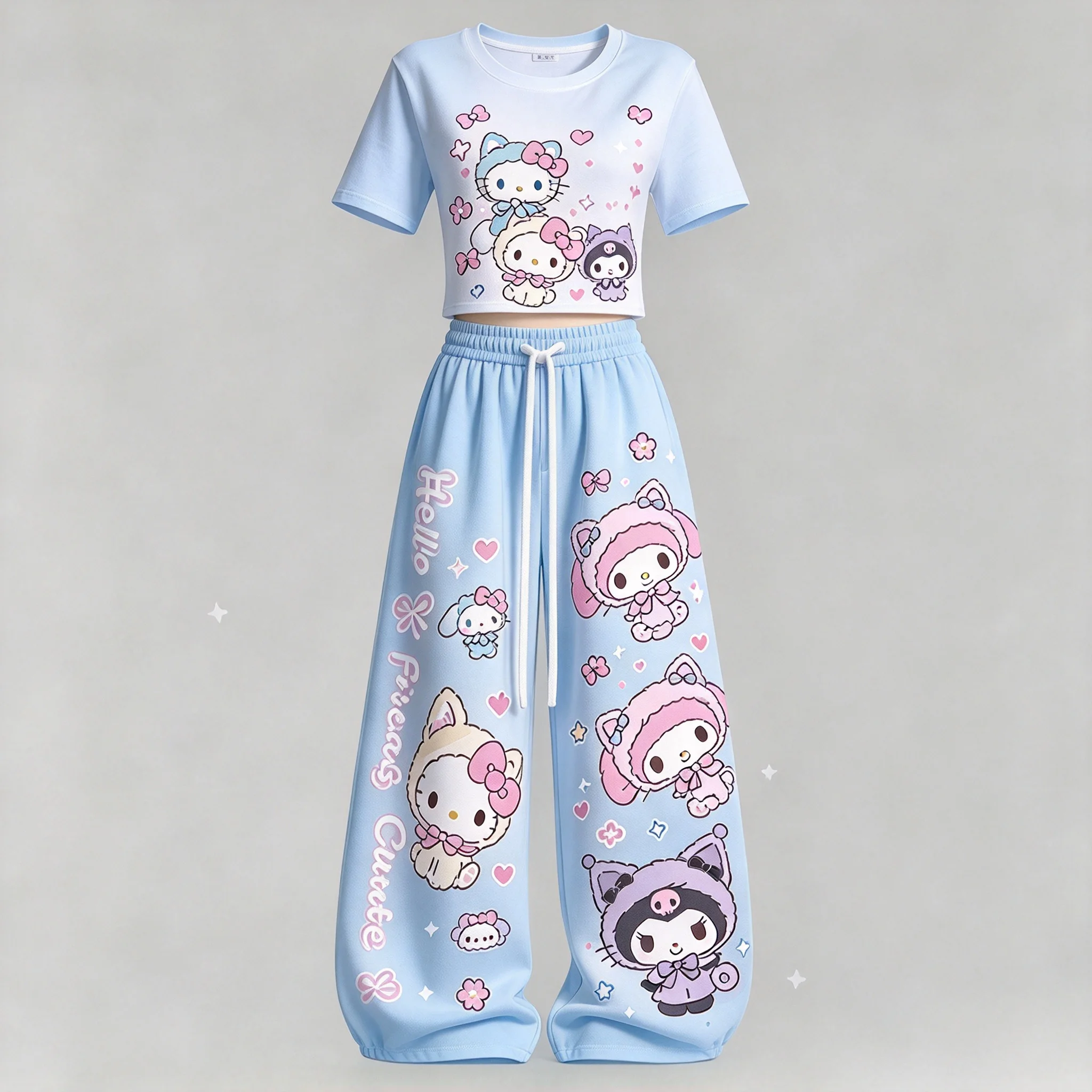 Cute Hello Kitty Kuromi My Melody Print 2 Piece Set Cropped Tee Elastic Waist Wide Leg Trousers Girls Casual Streetwear Outfit