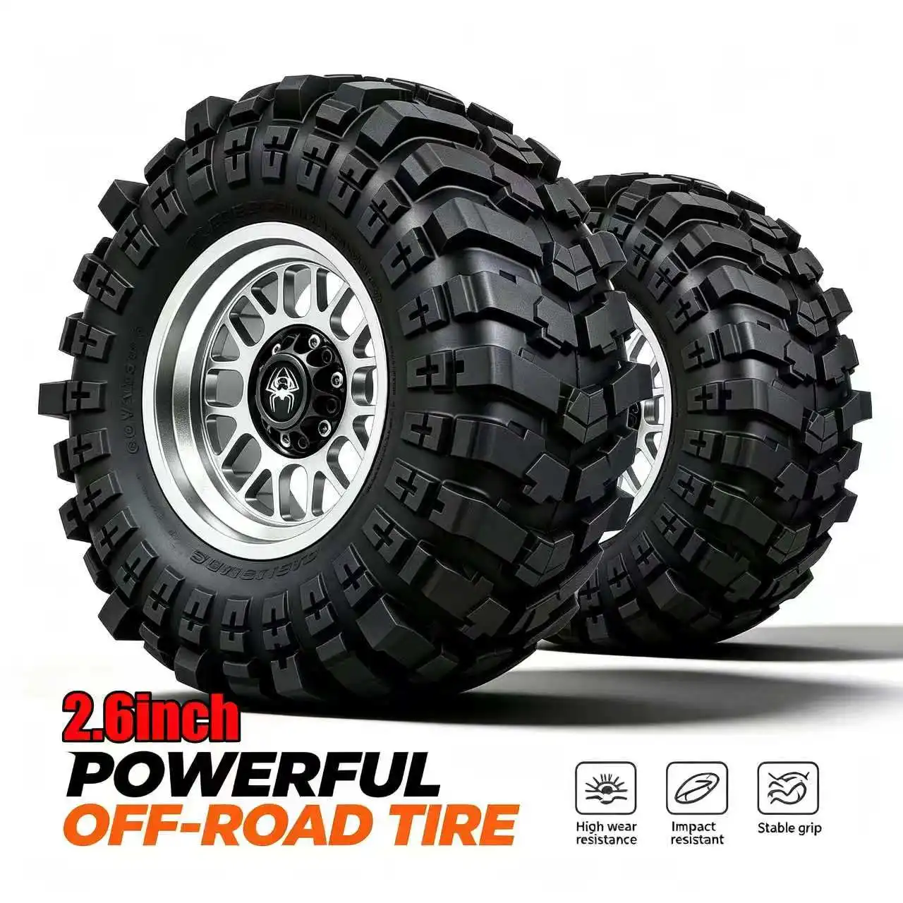 RED SPIDER 4Pcs 2.6 In 132mm RC Rock Crawler Tire Wheel Set+Metal Beadlock Wheels for 1/7 1/8 RC Truck TRX‑6 YK6101 Replacement