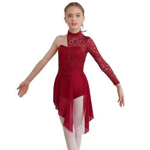 Imagen 2 del producto Vestido de baile lírico para niña, un hombro, encaje Floral asimétrico, Ballet, patinaje artístico, gimnasia, leotardo, disfraz de actuación