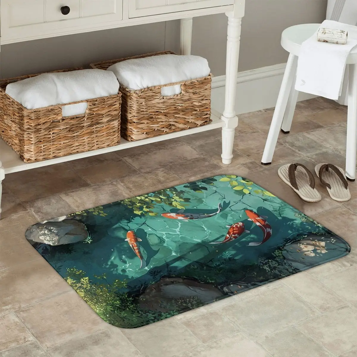Vibrant Koi Fish Rocks Non-slip Doormat Floor Mat Absorbent Mat Carpet Rug for Kitchen Entrance Home Bedroom Footpad Mats
