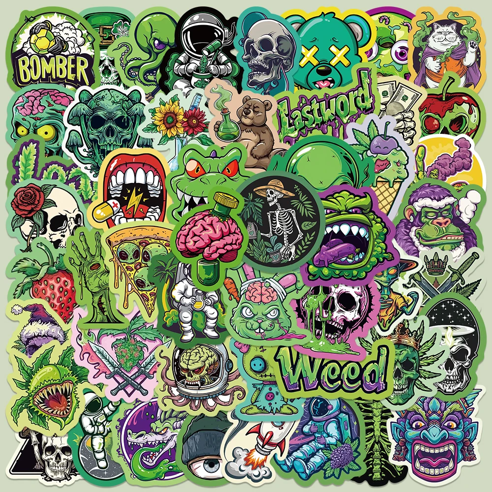 50pcs Green Graffiti Style Stickers Cartoon Aesthetic Decals For Laptop Notebook Skateboard Suitcase Guitar Waterproof Stickers