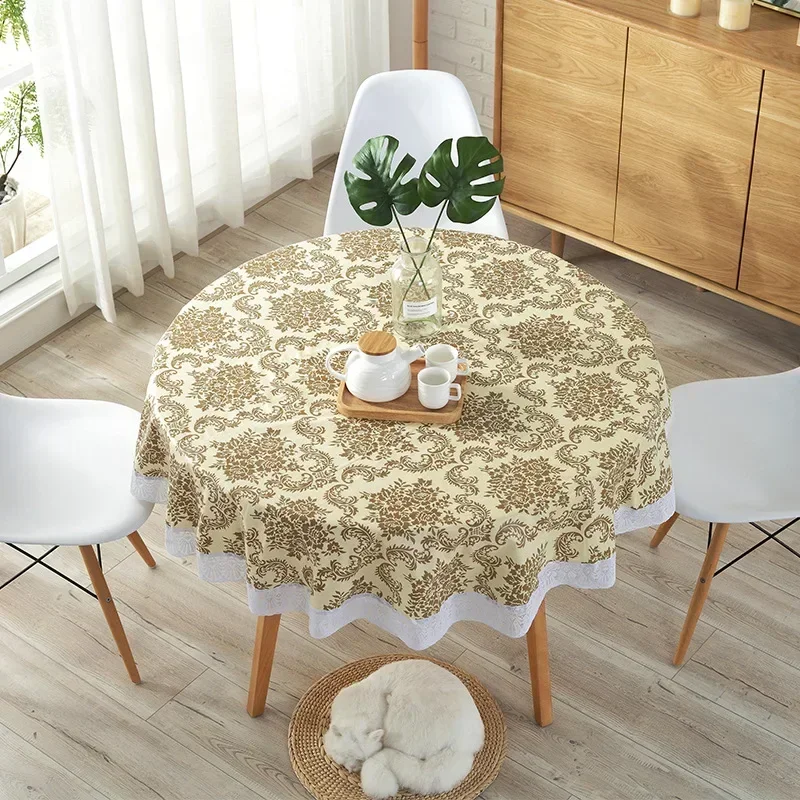 PVC Hotel Waterproof Tablecloth Printed Oil Resistant Large Circular Table Cloth Hotel Plastic Round Table Cover with Lace Hem