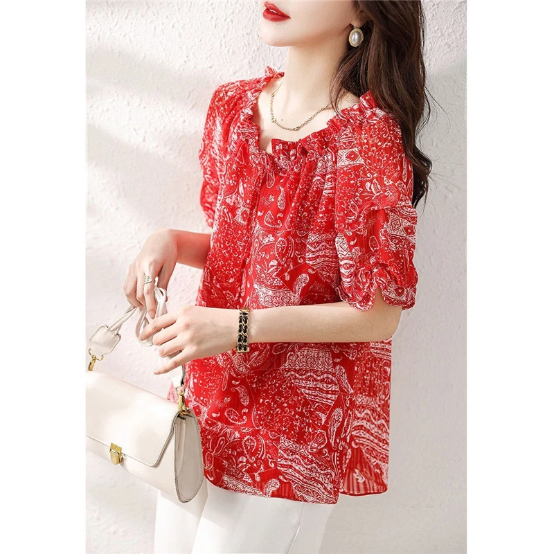 Women Silk Ruffle Lace Up Elegant Blouse Summer Korean Fashion V Neck Short Sleeve Shirt Y2K Sweet Chic Loose Tops Female Blusas