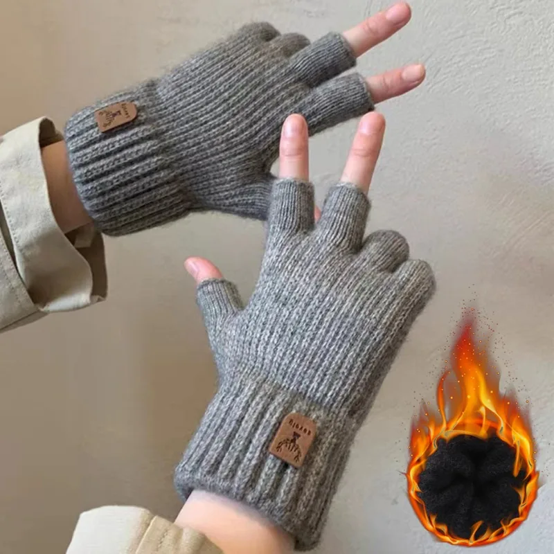 Guantes de punto para hombre y mujer, manoplas térmicas de medio dedo, gruesas de lana, sin dedos, para pantalla táctil, Invierno