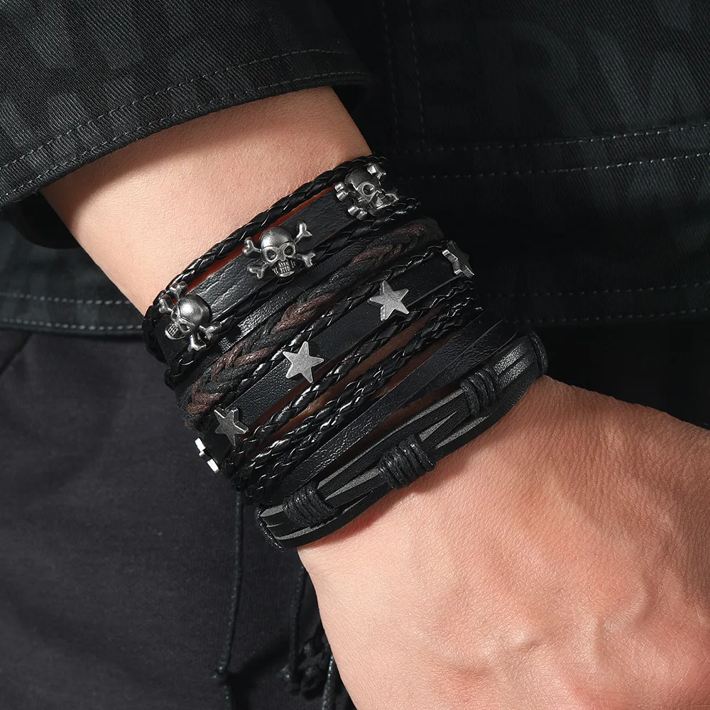 Men's Bracelet Penching Counseling Skeleton Star Multi-Layer Weaving Cortex Bracelet Street Rock Bracelet Fashion Combination