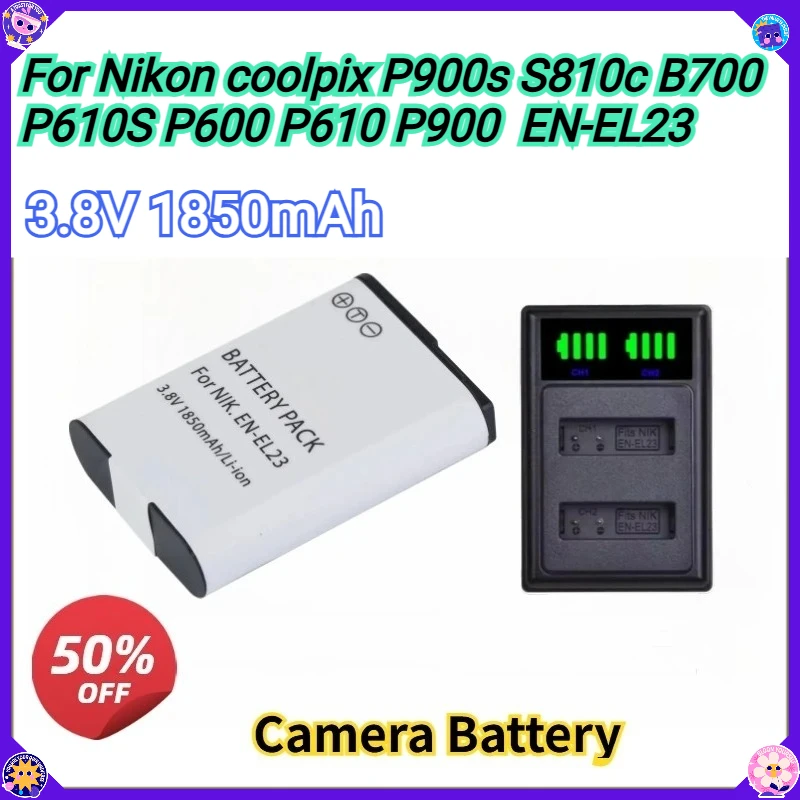 Nova bateria de câmera de substituição en el23 EN-EL23 3.8v 1850mah com carregador para nikon coolpix p900s s810c b700 p610s p600 p610 p900
