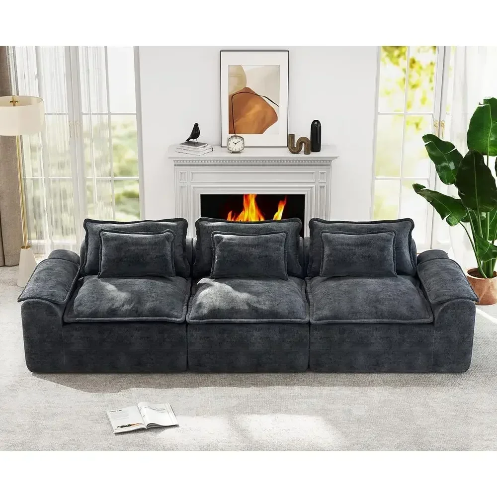 3-Seater Cloud Sectional Couch with Deep Seat and Removable Cover, Blue Grey for Living Room