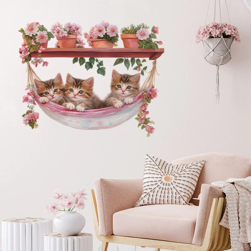 

Painted Plant Flower Potted Cat Hammock Study Bedroom Children's Room Decorative Wall Sticker Self-Adhesive Removable