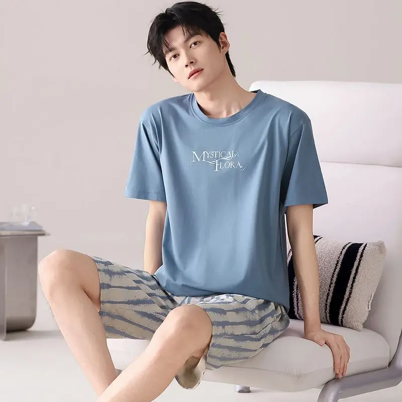 2026 Summer Plus Size  Short Sleeve 100% Cotton Pajama Sets for Men Korean Loose Sleepwear Pyjamas Homewear Lounge Home Clothes