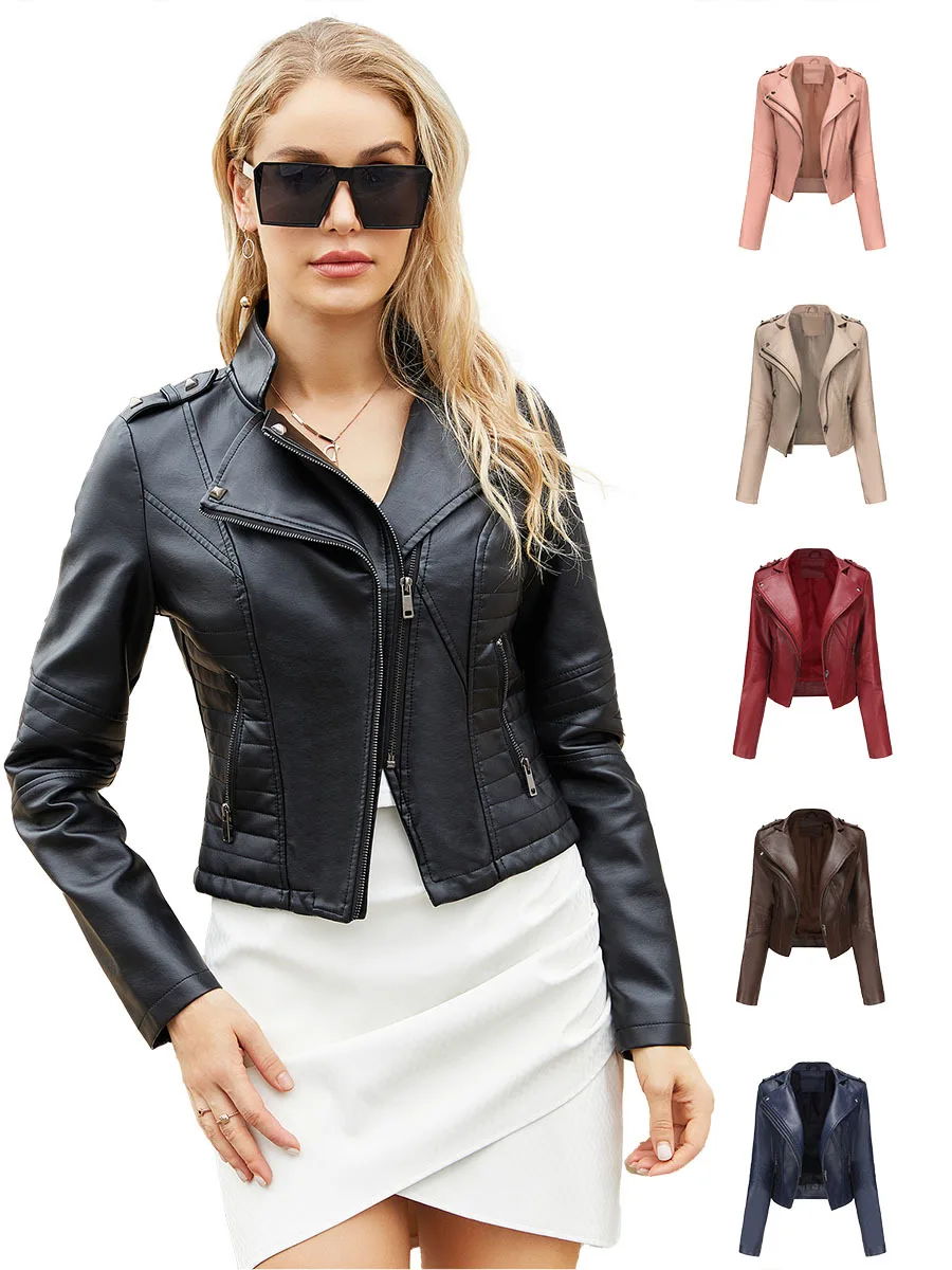 

2023 Autumn Faux Leather Jacket Women Turndown Collar Pu Motorcycle Black Punk Coat Female Rivet Zipper Outerwear