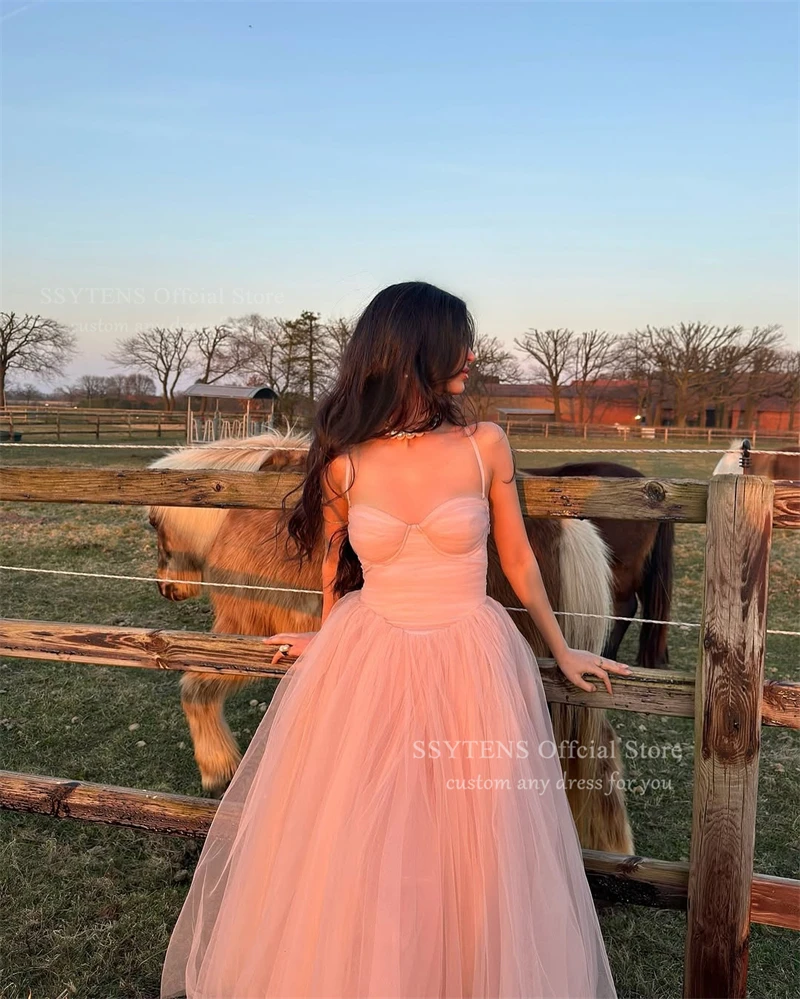 Ssytens blush rosa tule vestidos de baile alças espaguete quinceanera vestidos de baile comprimento chá sem mangas vestidos de festa personalizados